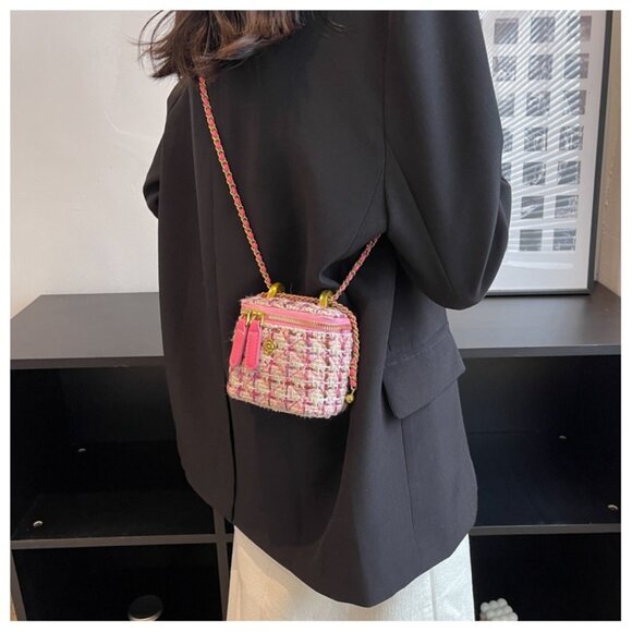 Tweed Boucle Mini Box Chain Crossbody Bag/Multiple colors available/2 Sizes - Picture 2 of 15